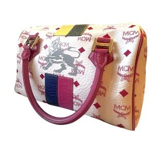 MCM White and Pink Princess Lion Leather Boston Bag